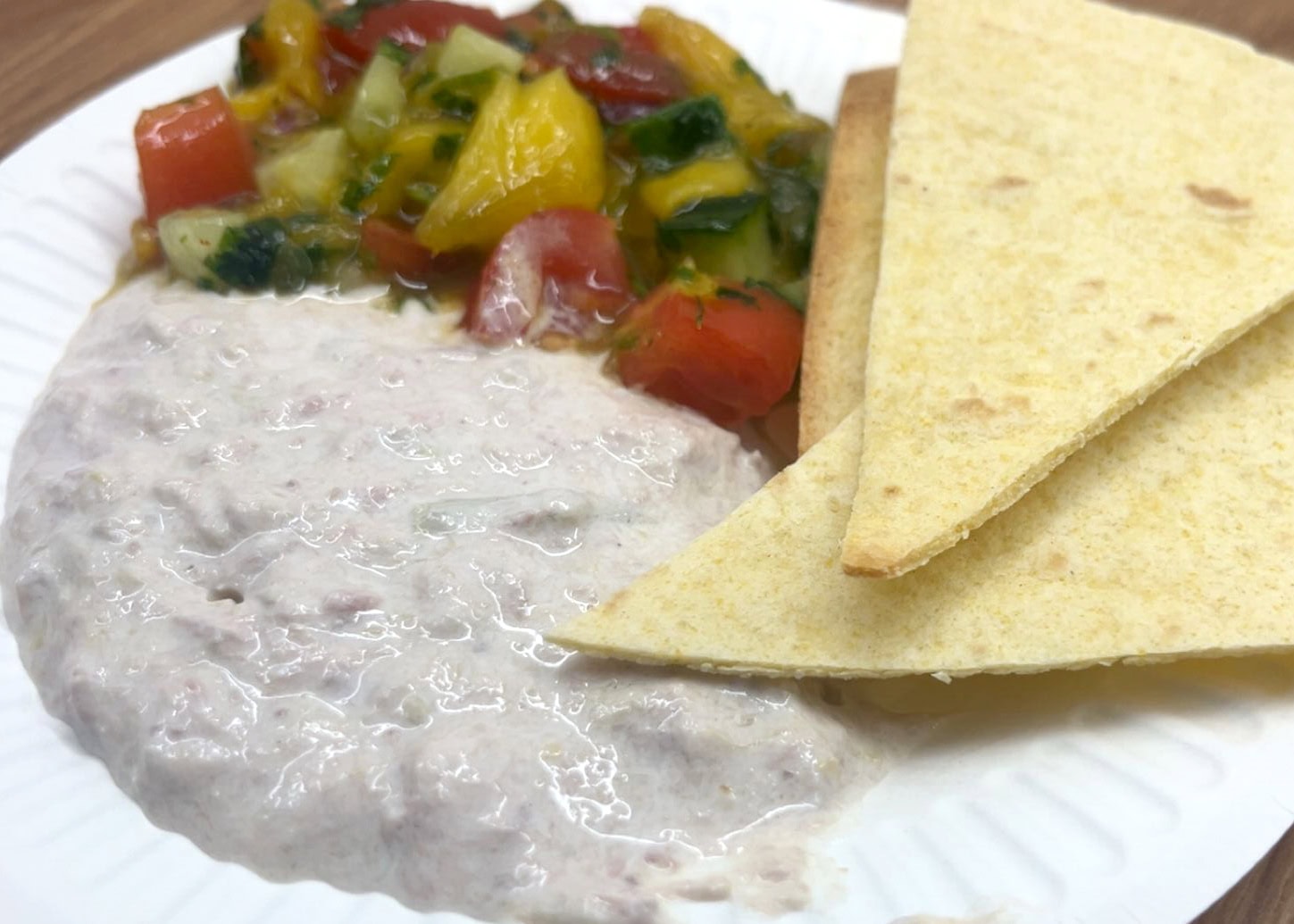 spicy tuna and artichoke dip and mango salsa with homemade tortillas